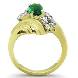 TK1566 - Two-Tone IP Gold (Ion Plating) Stainless Steel Ring with Synthetic Synthetic Glass in Emerald