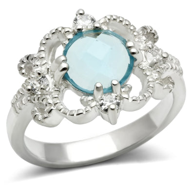 LOS539 - Silver 925 Sterling Silver Ring with Synthetic Synthetic Glass in Sea Blue