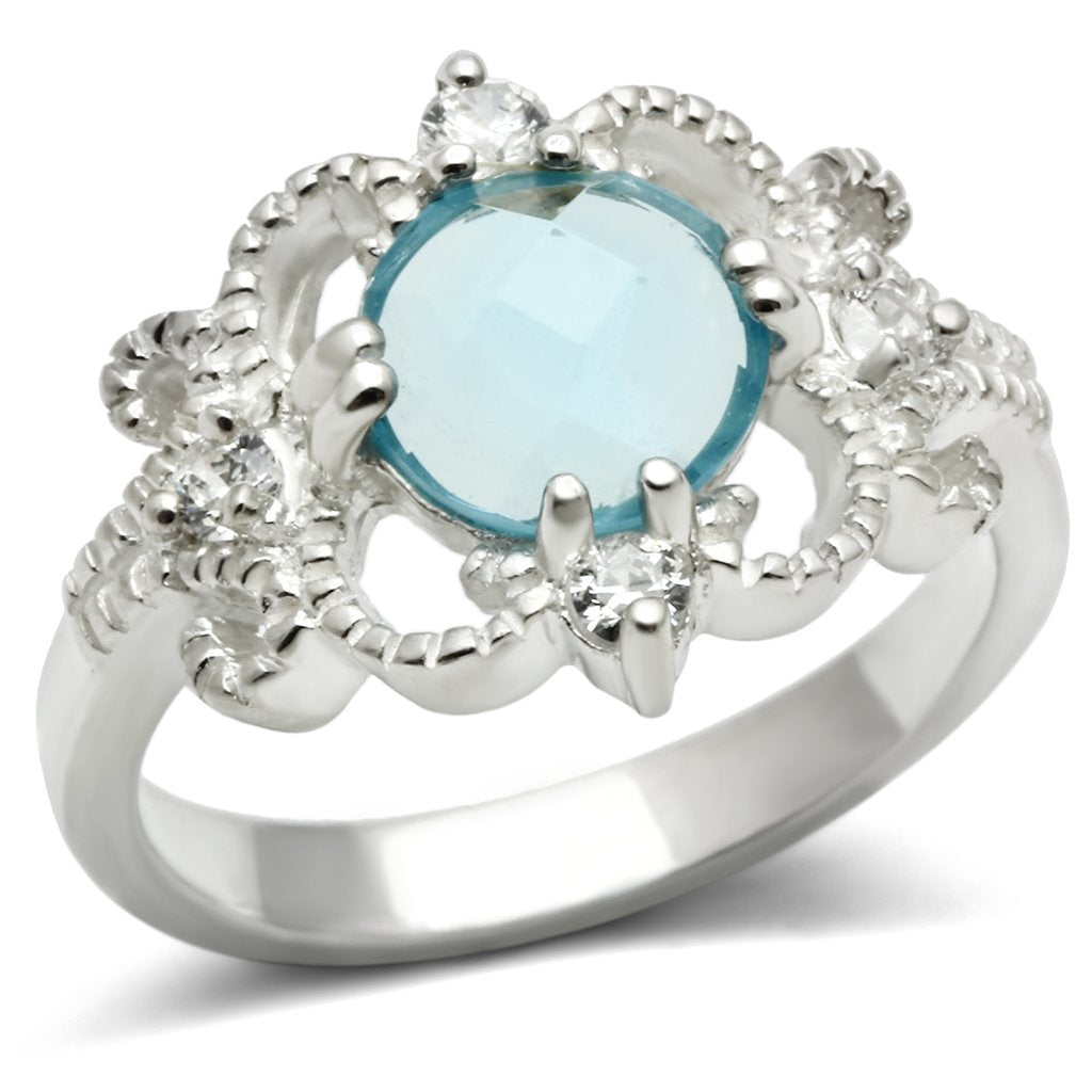 LOS539 - Silver 925 Sterling Silver Ring with Synthetic Synthetic Glass in Sea Blue