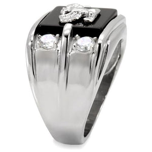 TK02221 - High polished (no plating) Stainless Steel Ring with Semi-Precious Agate in Jet