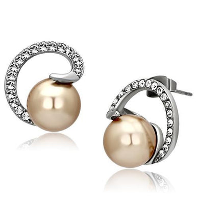 TK1041 - High polished (no plating) Stainless Steel Earrings with Synthetic Pearl in Brown
