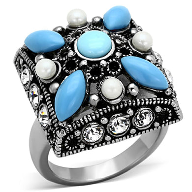 TK1309 - High polished (no plating) Stainless Steel Ring with Synthetic Turquoise in Sea Blue