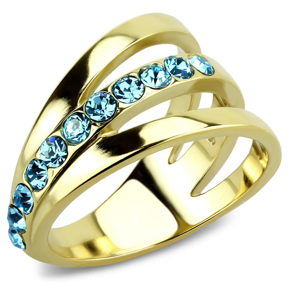 TK3441 - IP Gold(Ion Plating) Stainless Steel Ring with Top Grade Crystal  in Sea Blue