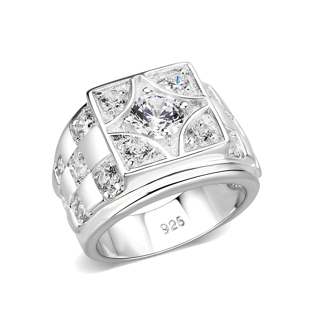 LO5M026-Rhodium Plated  Brass Ring with Clear CZ