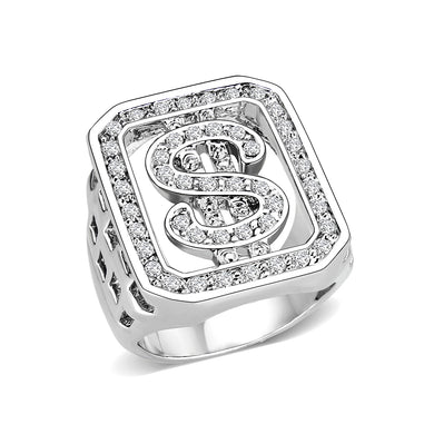 LO5M034-Rhodium Plated  Brass Ring with  Synthetic Glass Clear