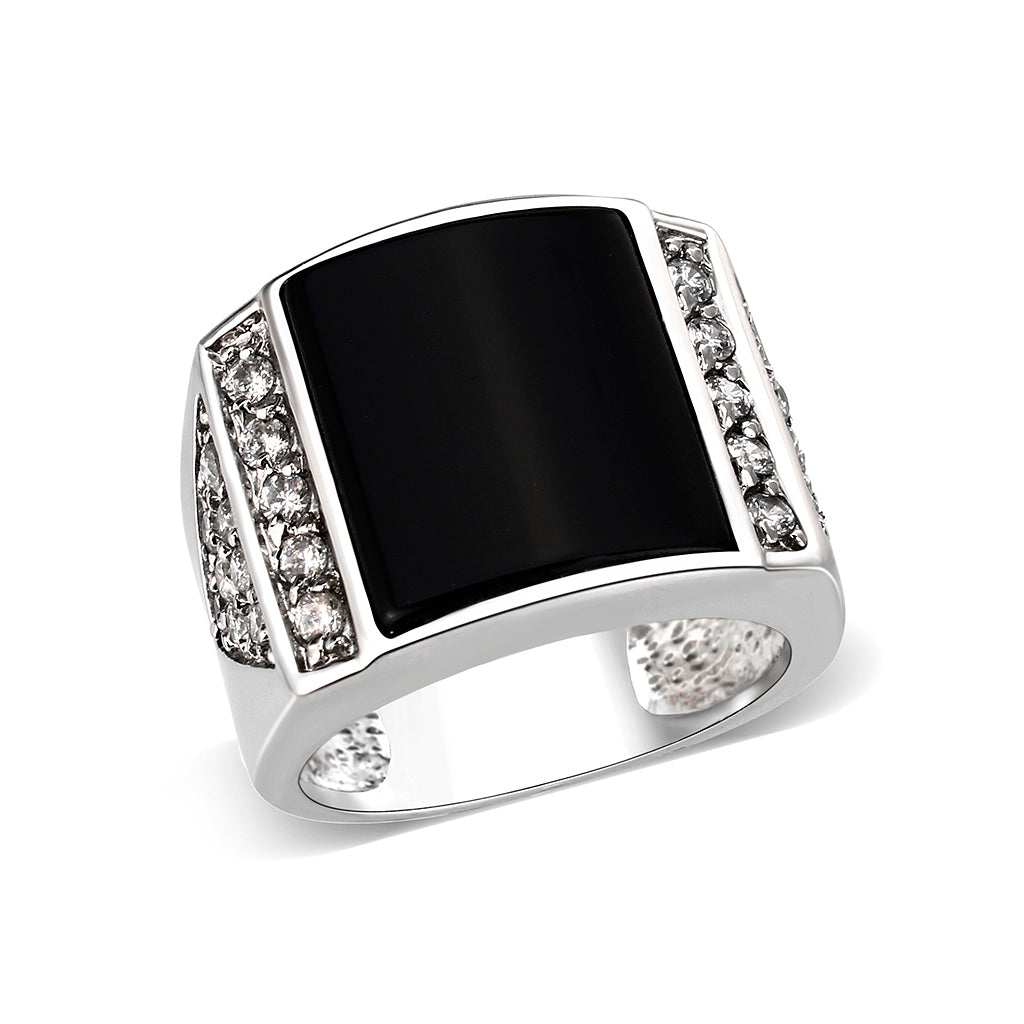 LO5M039-Rhodium Plated  Brass Ring with  Onyx