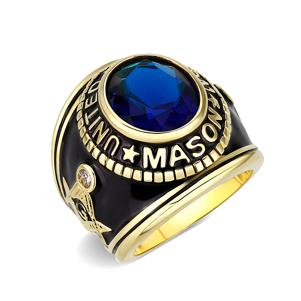 LO5M066 - IP Gold(Ion Plating) Brass Ring with Synthetic Glass In Dark Blue Color