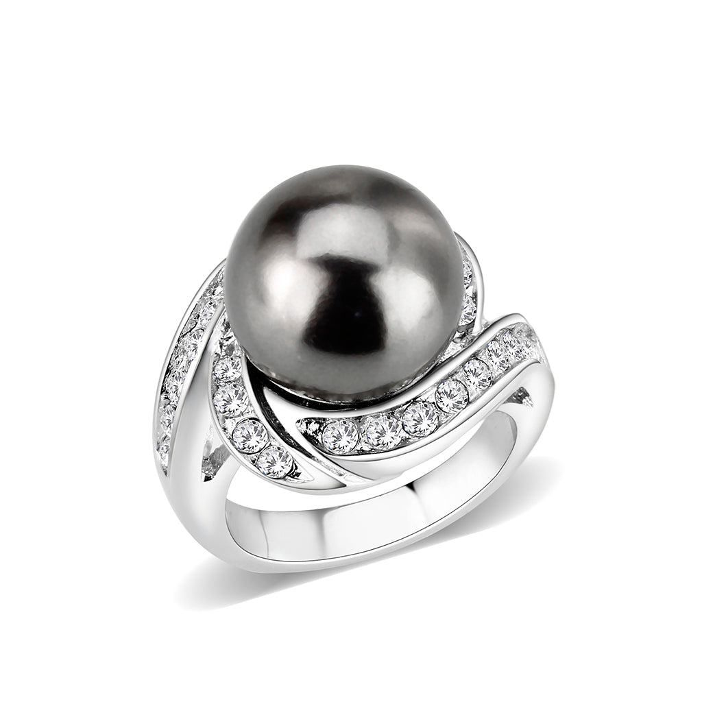 LO5W003 - Rhodium Brass Ring with Pearl In Black