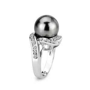 LO5W003 - Rhodium Brass Ring with Pearl In Black