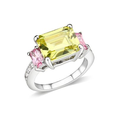 LO5W004- Rhodium Brass Ring with CZ In Apple Green