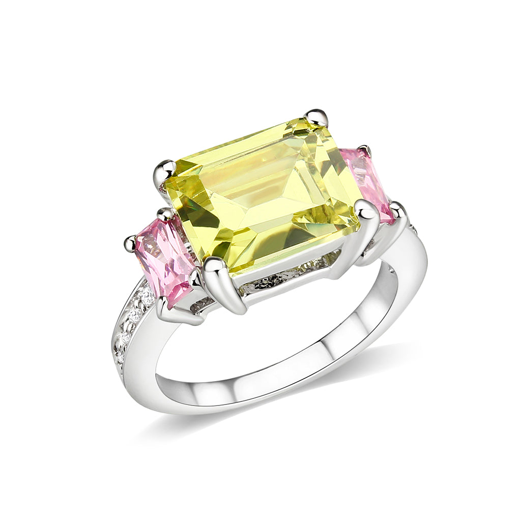 LO5W004- Rhodium Brass Ring with CZ In Apple Green