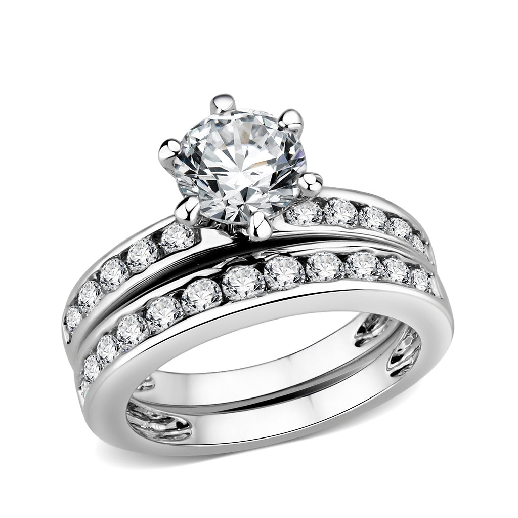 LO5W100- Rhodium Plated Brass Ring with CZ In Clear