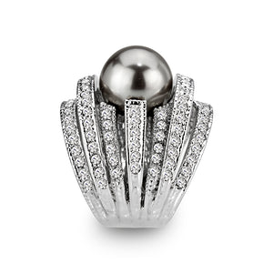 LO5W104- Rhodium Plated Brass Ring with Pearl In Black