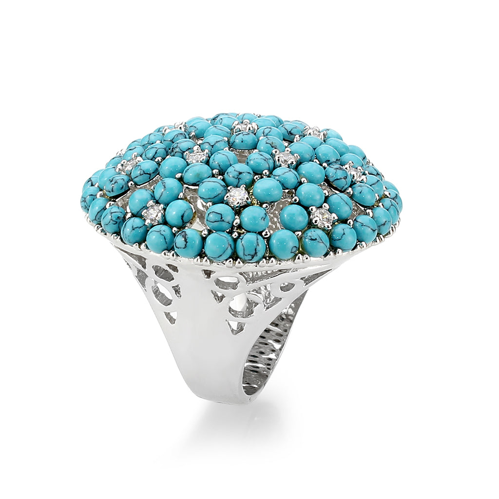 LO4750 - Rhodium Brass Ring with Top Grade Crystal in SeaBlue