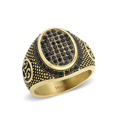 TK3910 - IP Gold(Ion Plating) Stainless Steel Ring with AAA Grade CZ in Jet