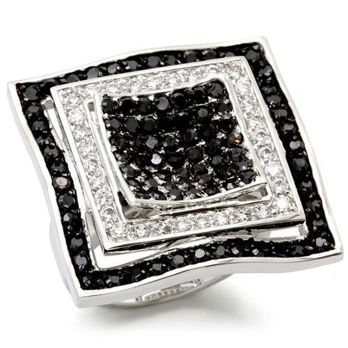 0W058 - Rhodium + Ruthenium Brass Ring with AAA Grade CZ  in Jet