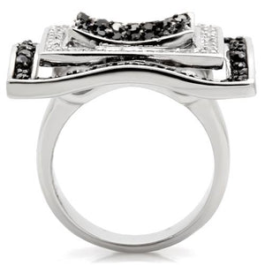 0W058 - Rhodium + Ruthenium Brass Ring with AAA Grade CZ  in Jet