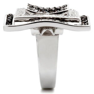 0W058 - Rhodium + Ruthenium Brass Ring with AAA Grade CZ  in Jet