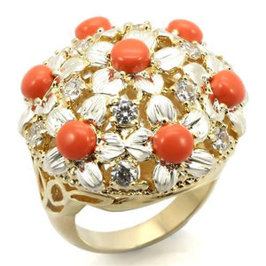 0W307 - Silver+Gold Brass Ring with Semi-Precious Coral in Orange