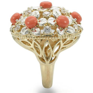0W307 - Silver+Gold Brass Ring with Semi-Precious Coral in Orange