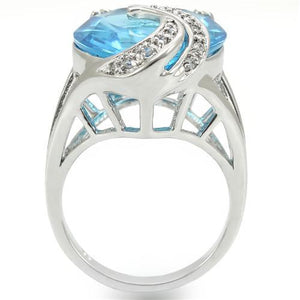 0W343 - Rhodium Brass Ring with Synthetic Synthetic Glass in Sea Blue