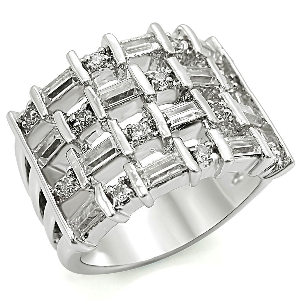 1W024 - Rhodium Brass Ring with AAA Grade CZ  in Clear