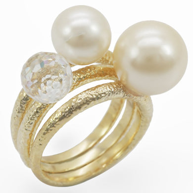 1W054 - Gold Brass Ring with Synthetic Pearl in Citrine Yellow