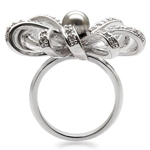 1W093 - Rhodium Brass Ring with Synthetic Pearl in Gray