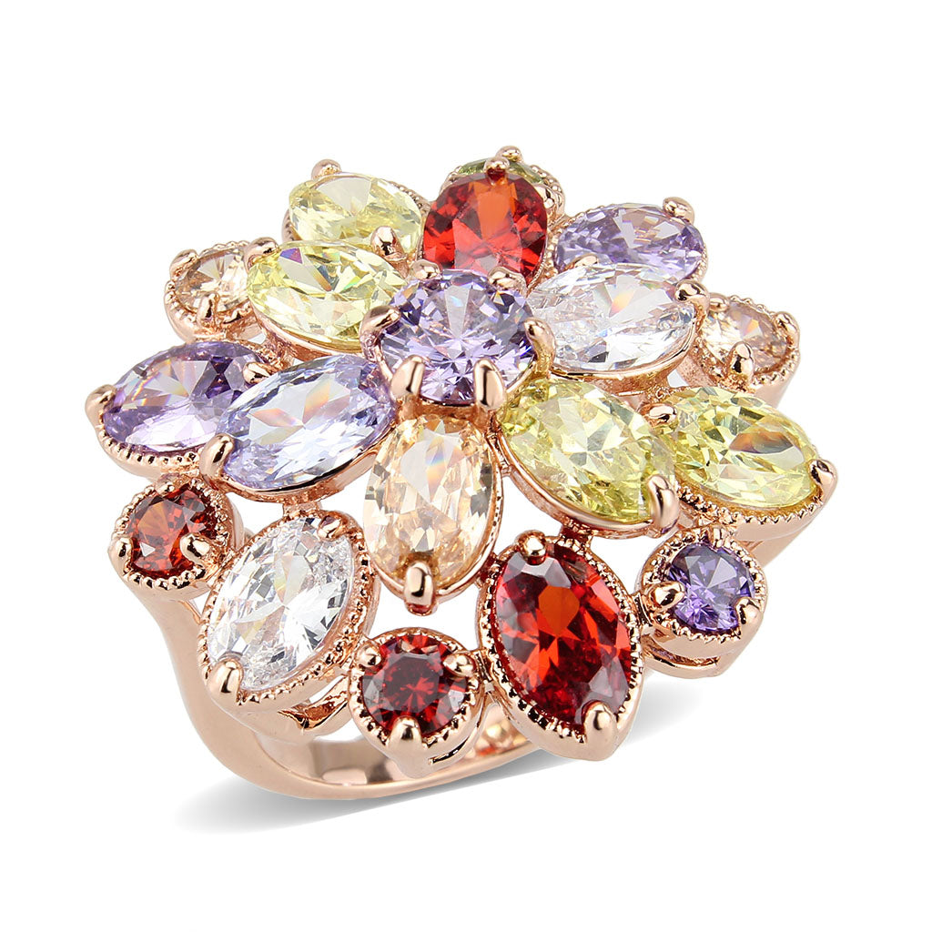 3W1603 - Rose Gold Brass Ring with AAA Grade CZ in MultiColor