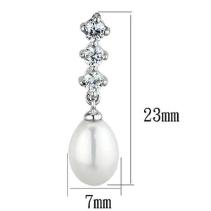 3W679 - Rhodium Brass Earrings with Semi-Precious Pearl in White