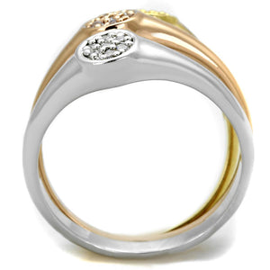 3W862 - Rhodium + Gold + Rose Gold Brass Ring with AAA Grade CZ  in Clear