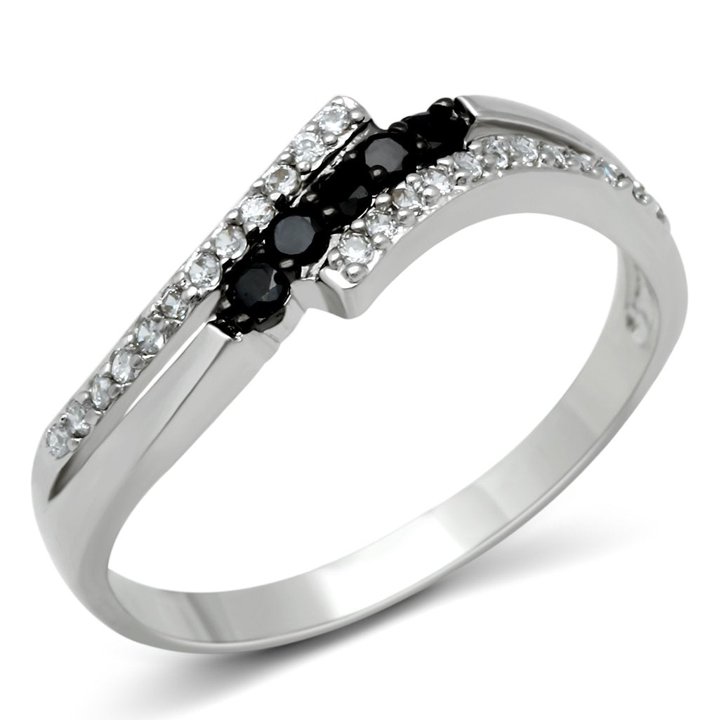 3W122 - Rhodium + Ruthenium Brass Ring with AAA Grade CZ  in Jet