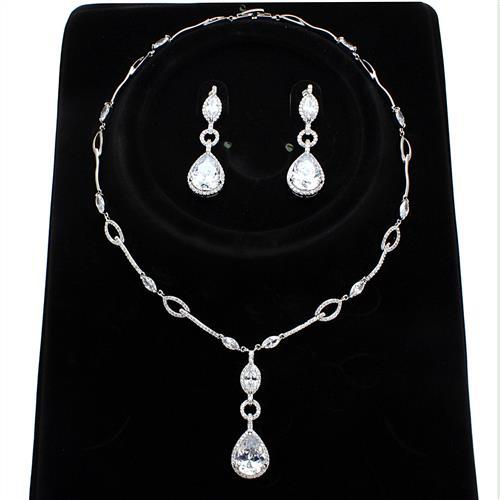 3W1247 - Rhodium Brass Jewelry Sets with AAA Grade CZ  in Clear