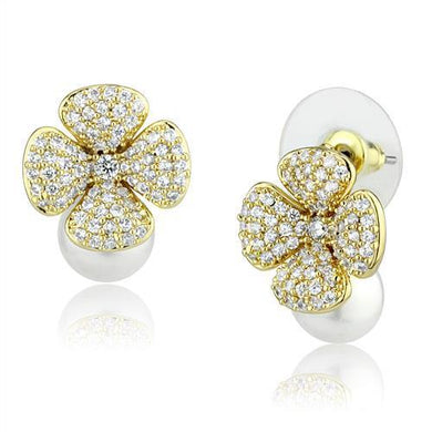 3W1263 - Gold Brass Earrings with Synthetic Pearl in White
