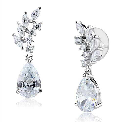 3W1282 - Rhodium Brass Earrings with AAA Grade CZ  in Clear