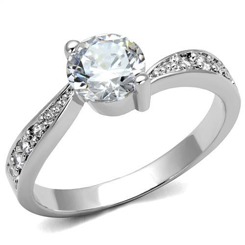 3W1337 - Rhodium Brass Ring with AAA Grade CZ  in Clear