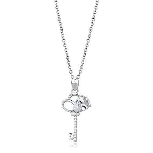 3W1380 - Rhodium 925 Sterling Silver Chain Pendant with AAA Grade CZ  in Clear