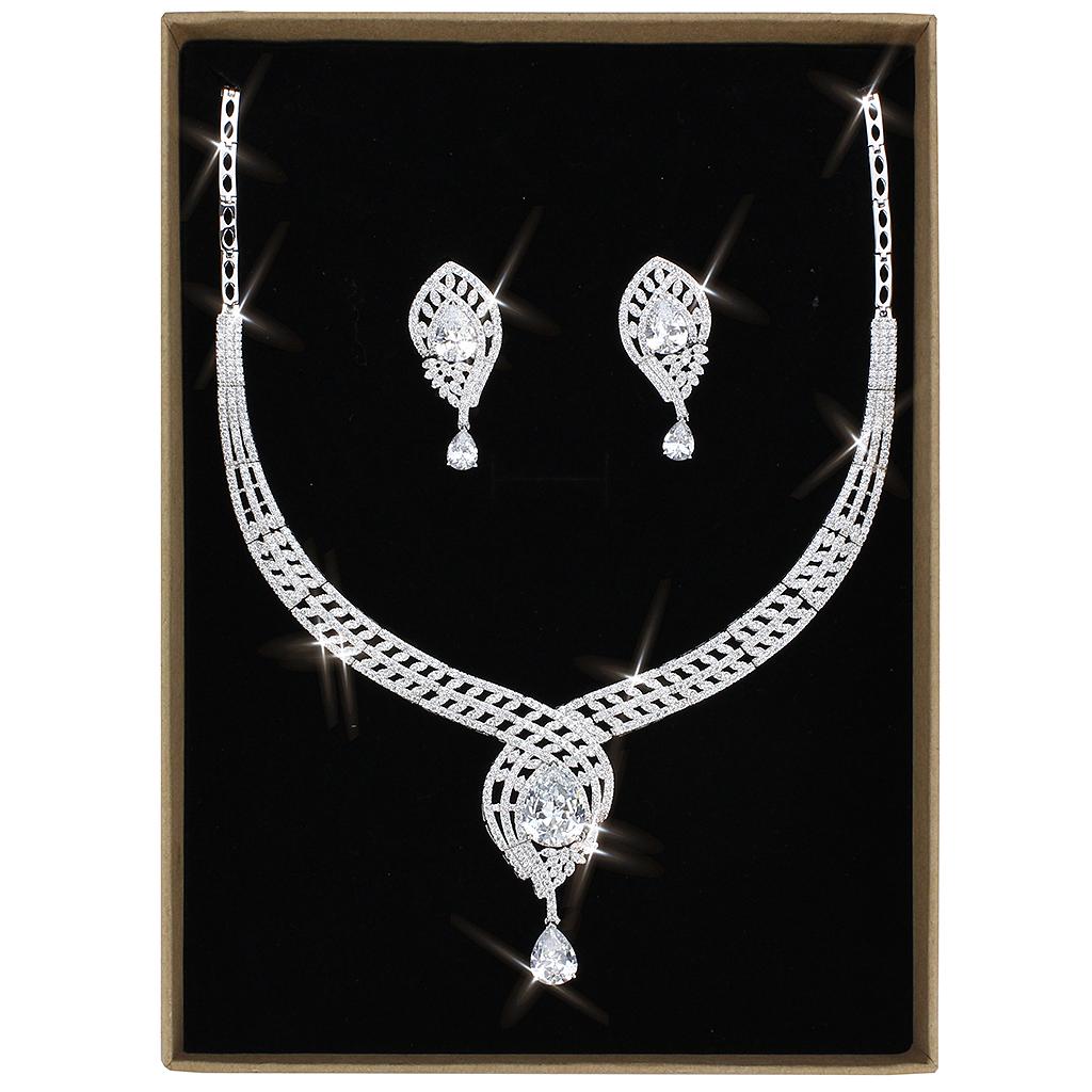 3W1415 - Rhodium Brass Jewelry Sets with AAA Grade CZ  in Clear