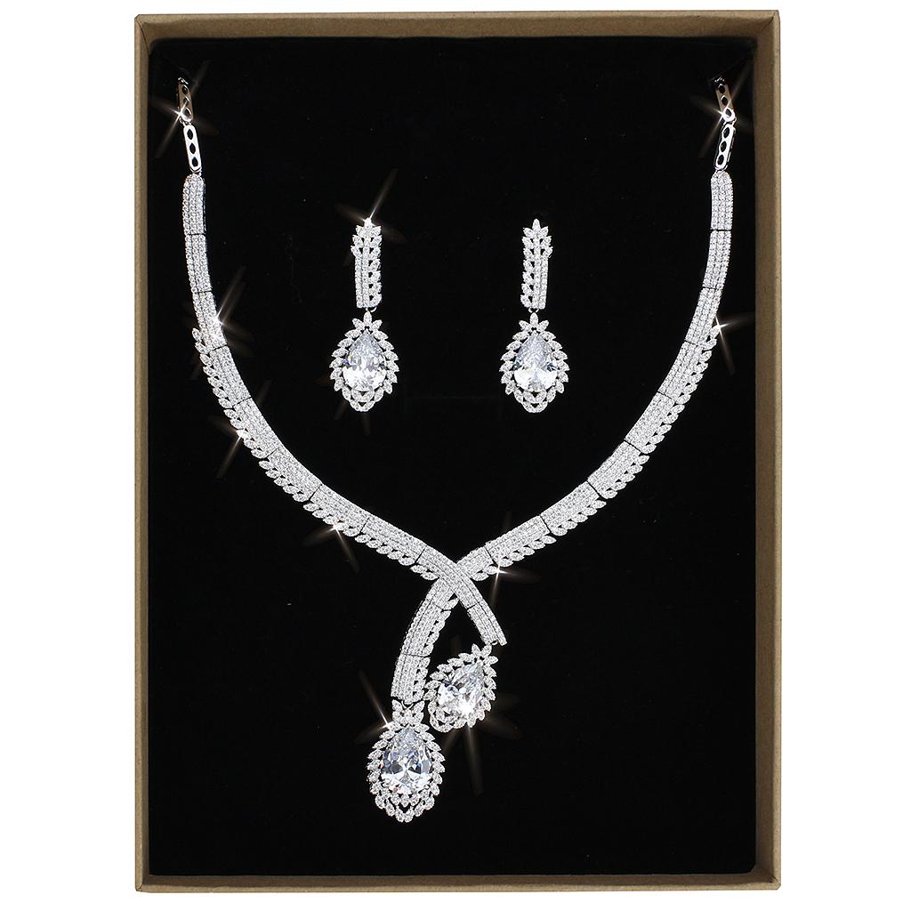 3W1416 - Rhodium Brass Jewelry Sets with AAA Grade CZ  in Clear