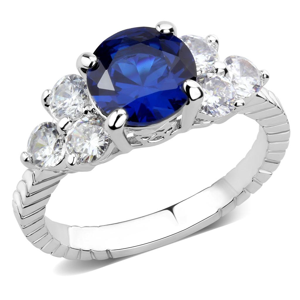 3W1601 - Rhodium Brass Ring with AAA Grade CZ  in London Blue