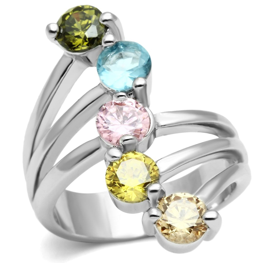 Lyra Cocktail Ring - Rhodium Brass, AAA CZ , Multi Color - 3W291