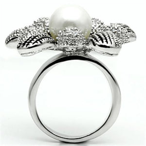 3W294 - Rhodium Brass Ring with Synthetic Pearl in White