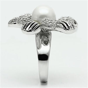 3W294 - Rhodium Brass Ring with Synthetic Pearl in White