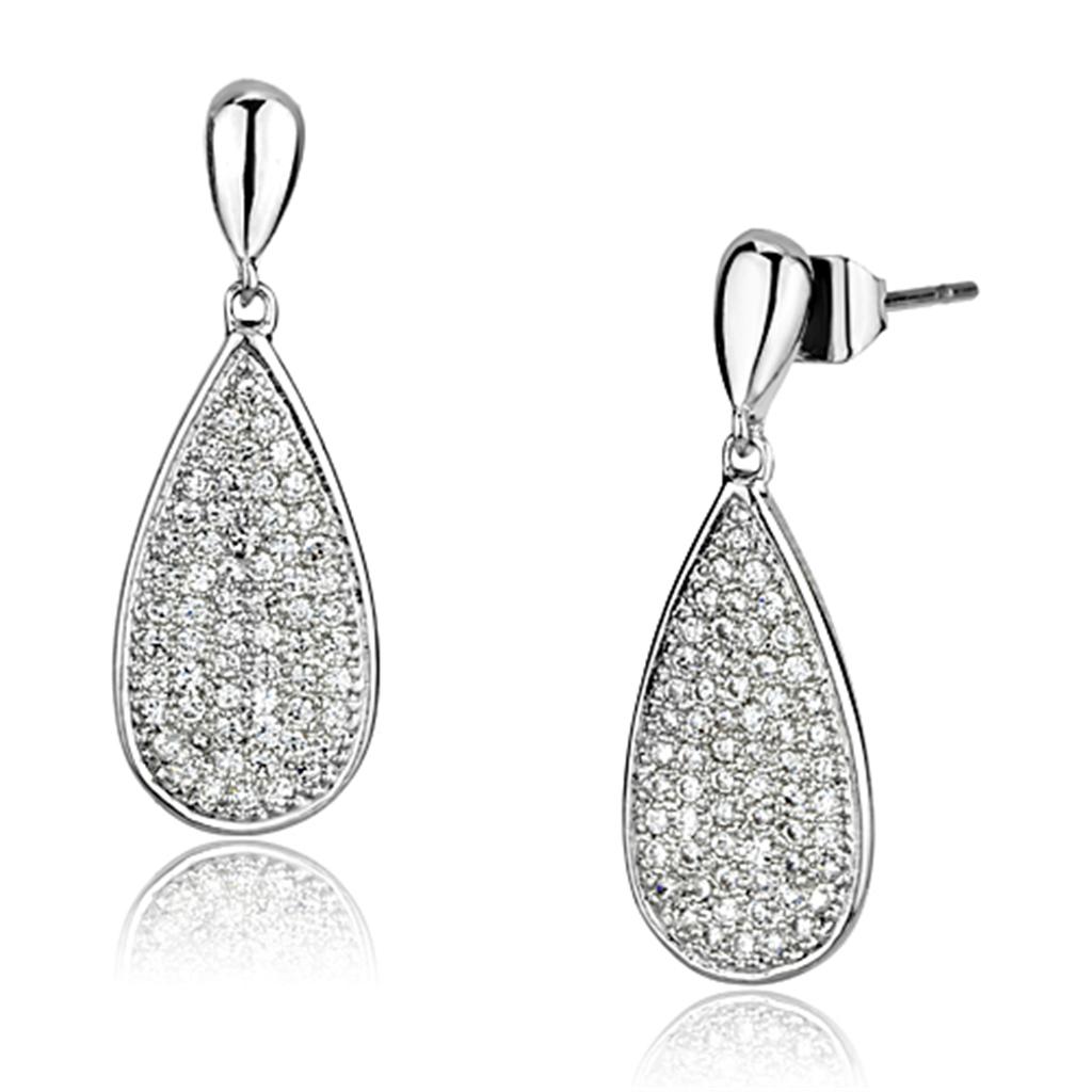 3W380 - Rhodium Brass Earrings with AAA Grade CZ  in Clear