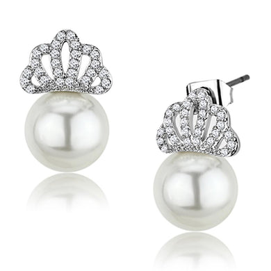 3W383 - Rhodium Brass Earrings with Synthetic Pearl in White