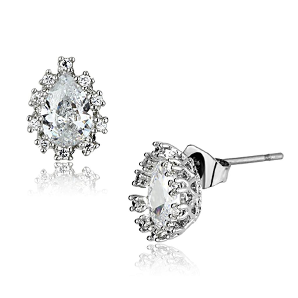 3W386 - Rhodium Brass Earrings with AAA Grade CZ  in Clear