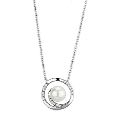3W444 - Rhodium Brass Necklace with Synthetic Pearl in White