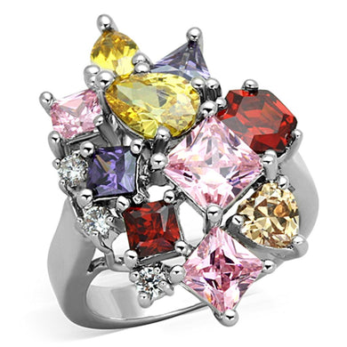 Ela Cocktail Ring - Rhodium Brass, AAA CZ , Multi Color - 3W599