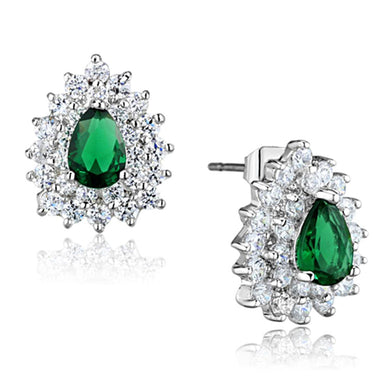 3W656 - Rhodium Brass Earrings with Synthetic Synthetic Glass in Emerald