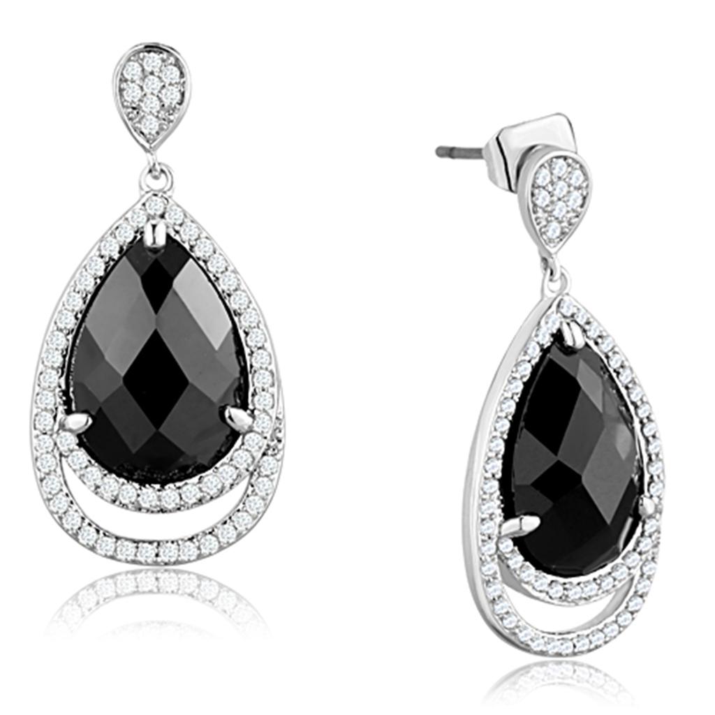 3W658 - Rhodium Brass Earrings with AAA Grade CZ  in Jet